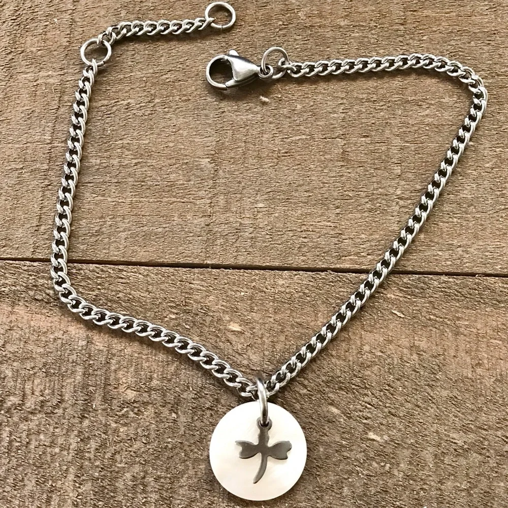 🆕 Dragonfly on Fresh Water Shell Ankle Bracelet Stainless Steel